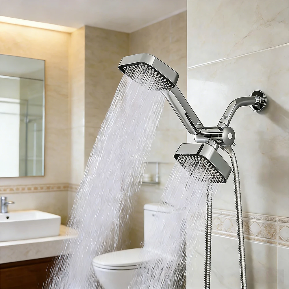 A High-Flow Large Nozzle and Handheld Shower Head，Two-In-One Shower Set,Shower Long Hose and T-Shaped Valve-Durable Abs Material,Wall-Mounted, Square Design,Suitable for Bathroom UpgradesThree-Way Water Distributor Bathroom - Image 1