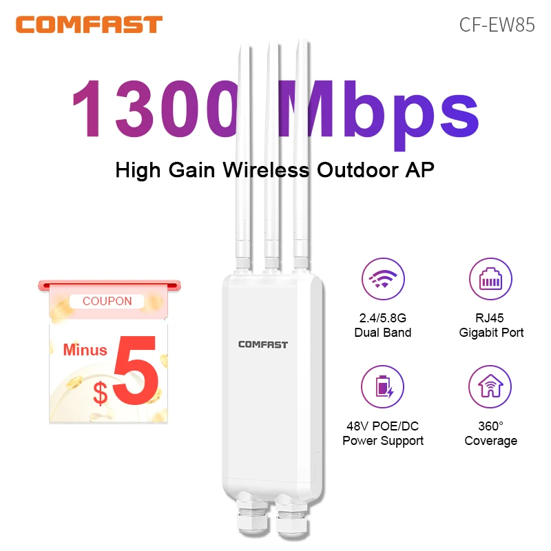 Comfast 1300Mbps Outdoor Access Point 2.4G&5.8GHz Gigabit AP Long Range Repeater High Power 3*5dBi WiFi Antenna Street Router - Image 1