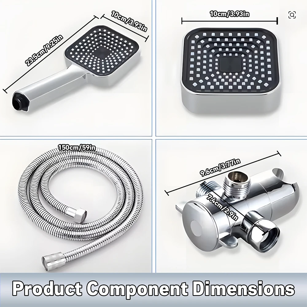 A High-Flow Large Nozzle and Handheld Shower Head，Two-In-One Shower Set,Shower Long Hose and T-Shaped Valve-Durable Abs Material,Wall-Mounted, Square Design,Suitable for Bathroom UpgradesThree-Way Water Distributor Bathroom - Image 6