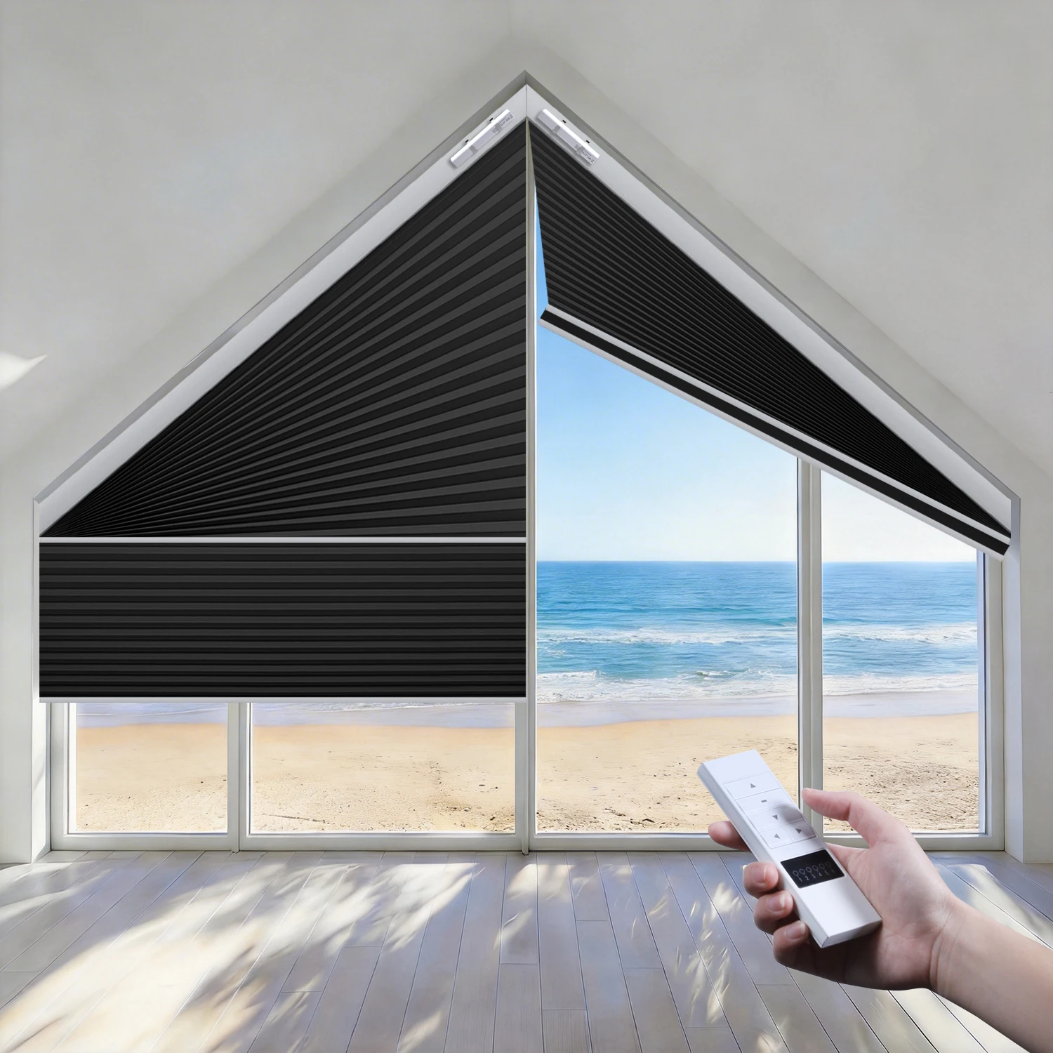 Motorized Angled Cellular Shades with Rechargeable Motor for Trapezoidal Triangular Polygonal Windows - Image 1