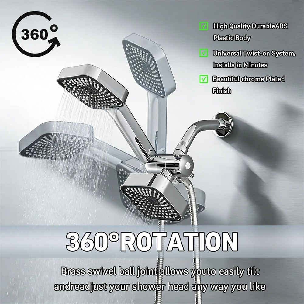 A High-Flow Large Nozzle and Handheld Shower Head，Two-In-One Shower Set,Shower Long Hose and T-Shaped Valve-Durable Abs Material,Wall-Mounted, Square Design,Suitable for Bathroom UpgradesThree-Way Water Distributor Bathroom - Image 2